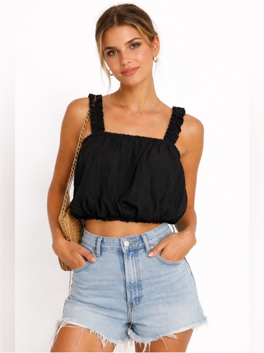 Leith - NWT Black Cropped Ruffled Strap Tank - Size L